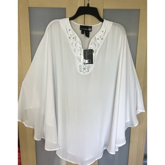 Anthony Original Beaded Embroidered Kimono Blouse White OS XL Boho Beach Resort - Picture 1 of 4